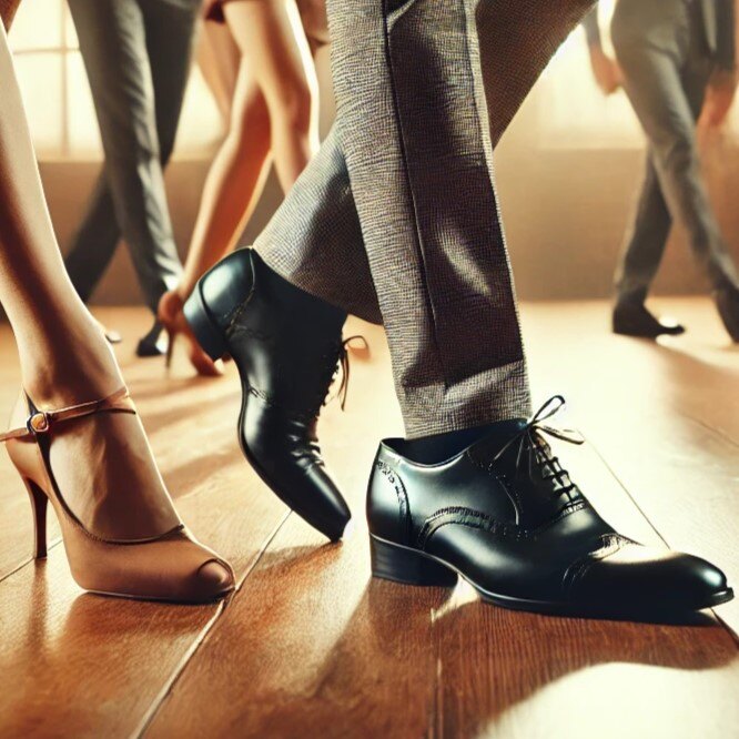 Feet of dancers wearing their dancing shoes